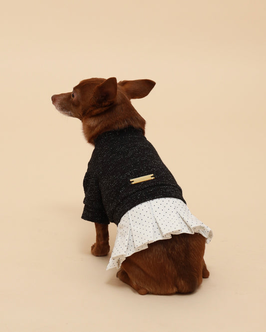 A small brown dog wearing a black knit sweater with a white polka-dot ruffled hem, photographed from the back against a solid beige studio background.