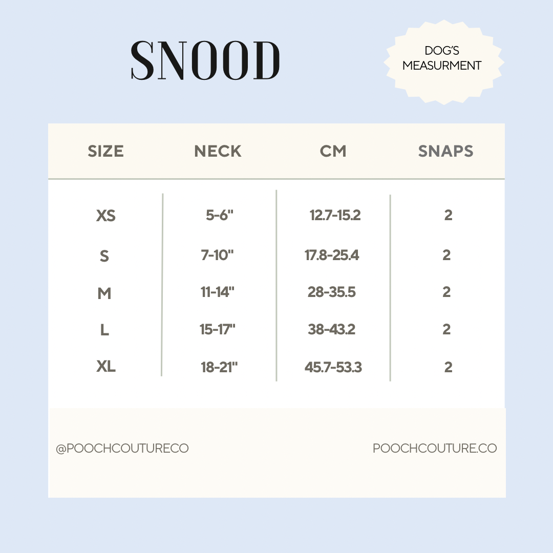 A sizing chart for the SNOOD dog collar, showing measurements in centimeters and snap counts for sizes XS through XL. The chart is displayed on a light blue background with a cream-colored table.