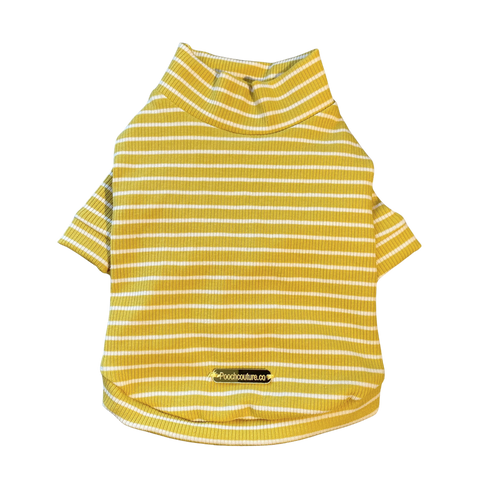Yellow and white striped ribbed knit pet shirt on a white background