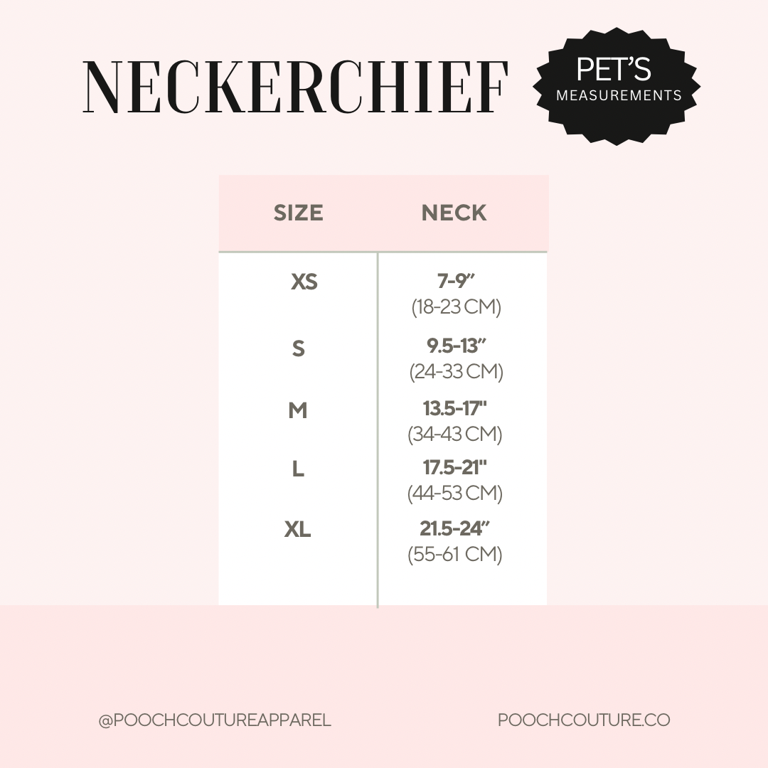 Neckerchief size chart for pets with measurements on a pink background