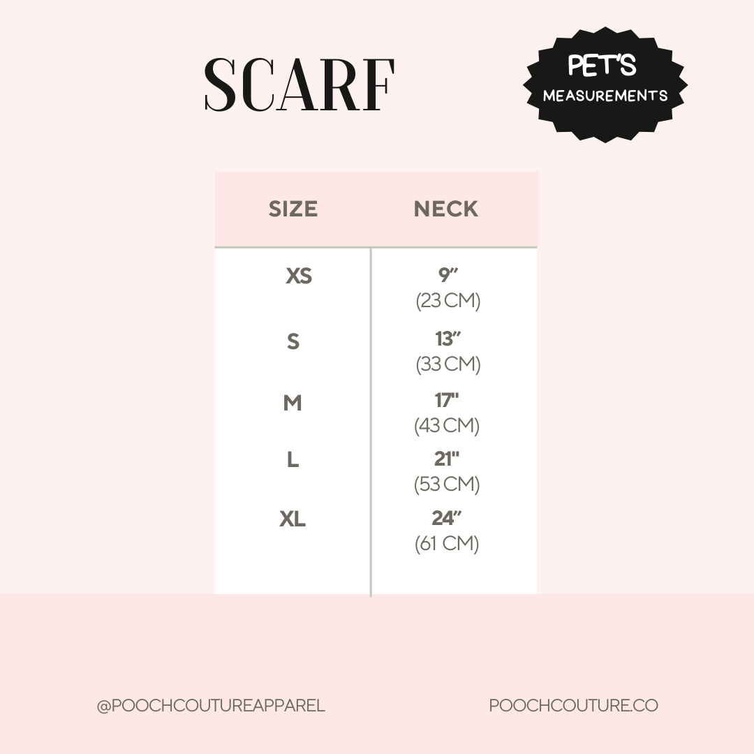 Pet scarf size chart with measurements on a pink background. Extra small fits necks up to 9 inches, small fits necks up to 13 inches, medium fits necks up to 17 inches, large fits necks up to 21 inches, extra large fits necks up to 24 inches.